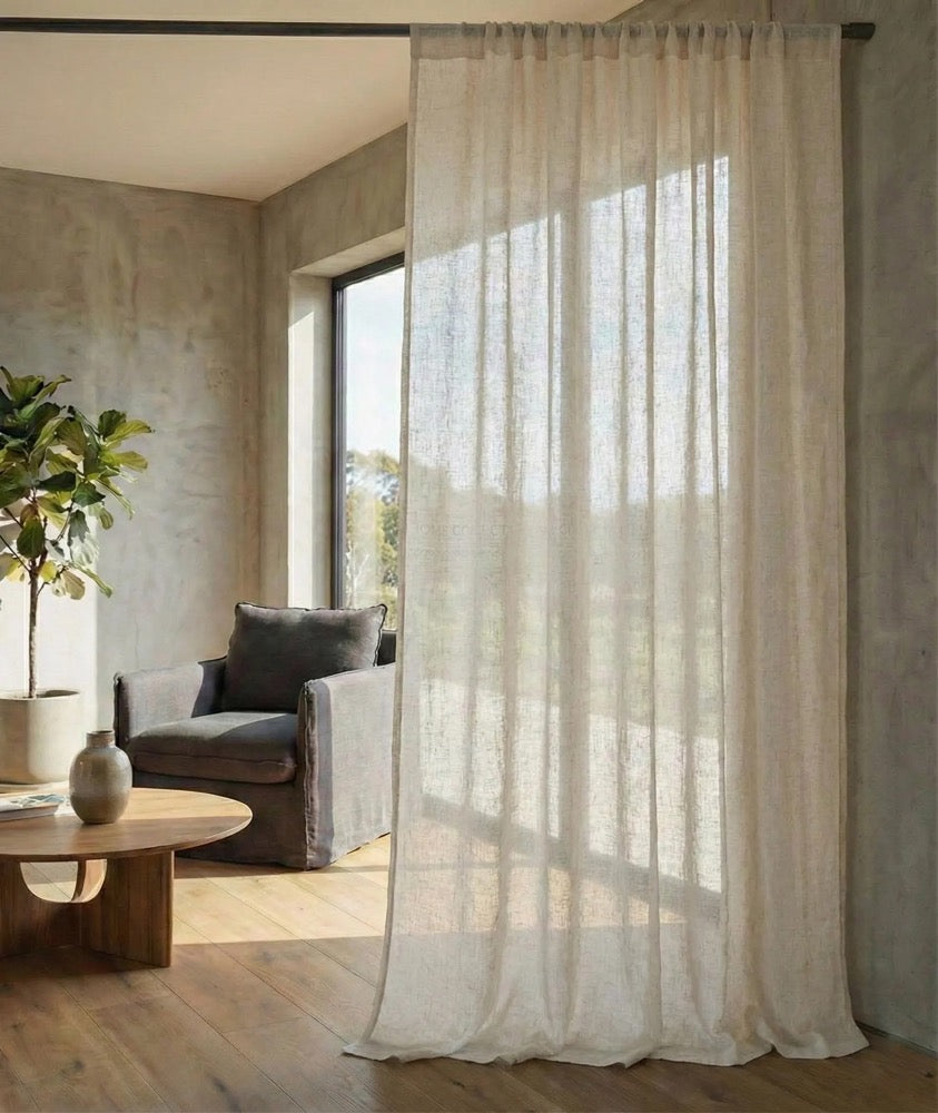 Linen Look Cotton Sheer Curtains, Natural Texture, Custom Window Drapery, Pleated Panel