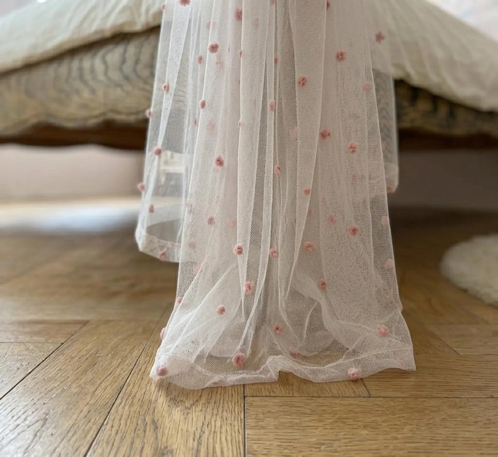 Pink Pompom Sheer Kid Bed Canopy, Linen Look Boho Nursery Bed Drapery