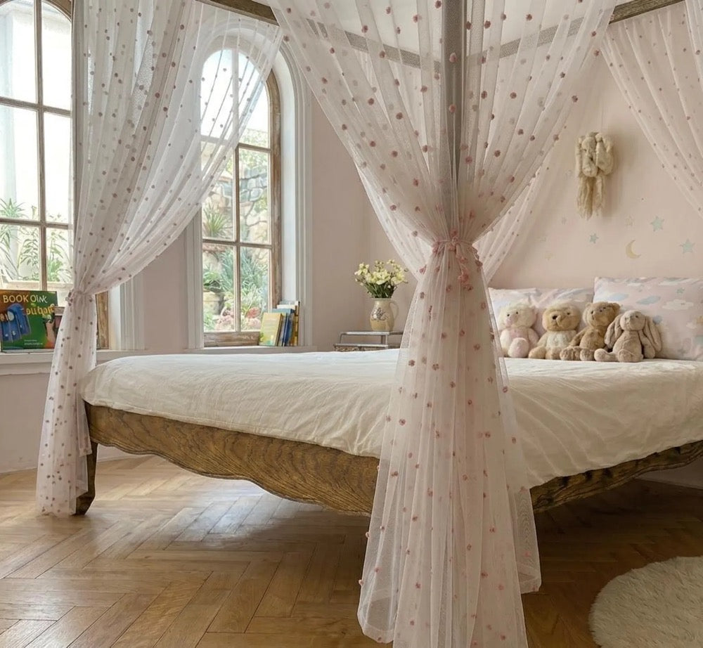 Pink Pompom Sheer Kid Bed Canopy, Linen Look Boho Nursery Bed Drapery