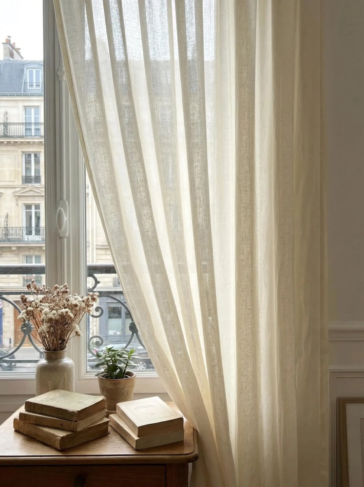 Linen Look Cotton Sheer Curtains, Natural Texture, Custom Window Drapery, Pleated Panel