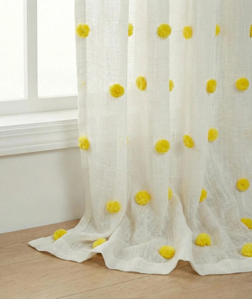Pink Pompom Sheer Kid Bed Canopy, Linen Look Boho Nursery Bed Drapery