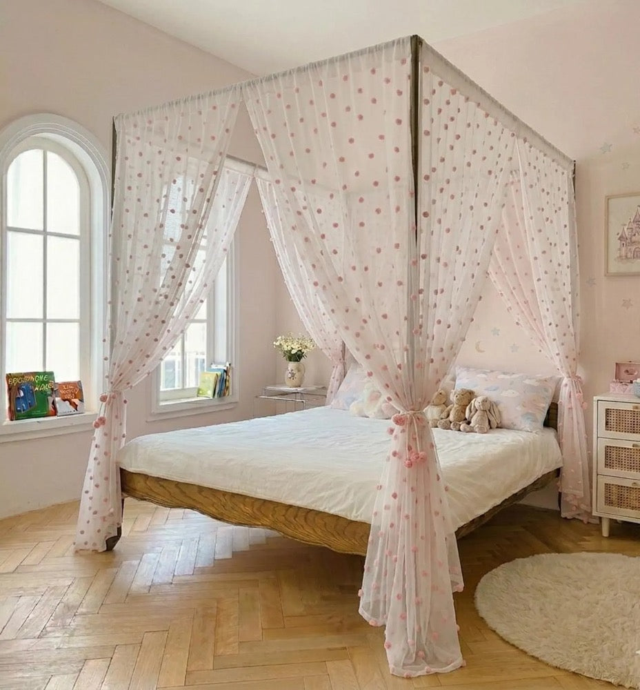 Pink Pompom Sheer Kid Bed Canopy, Linen Look Boho Nursery Bed Drapery