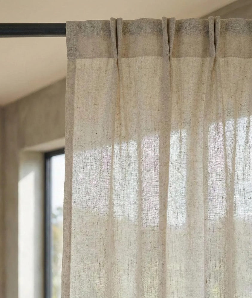 Linen Look Double Pinch Pleated Natural Cotton Sheer Curtains for Bedroom Living room, Custom Size Extra Long Drapery, Cafe Curtain Sheer
