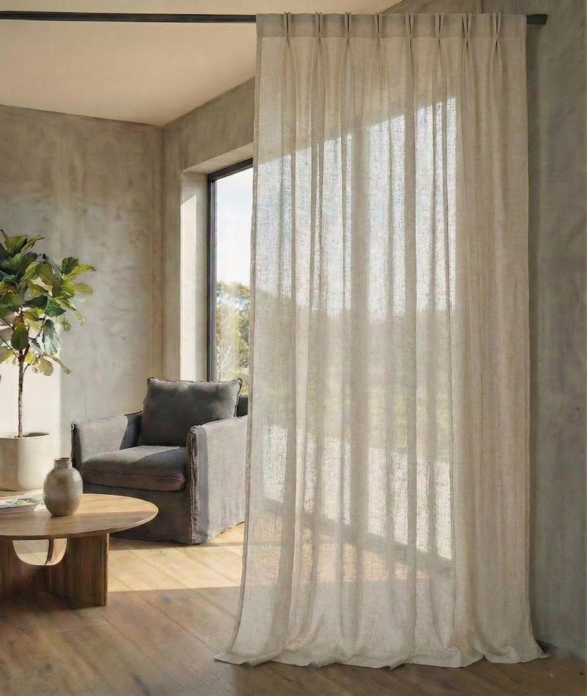 Linen Look Cotton Sheer Curtains, Double Pinch Pleated, Custom Size Drapery