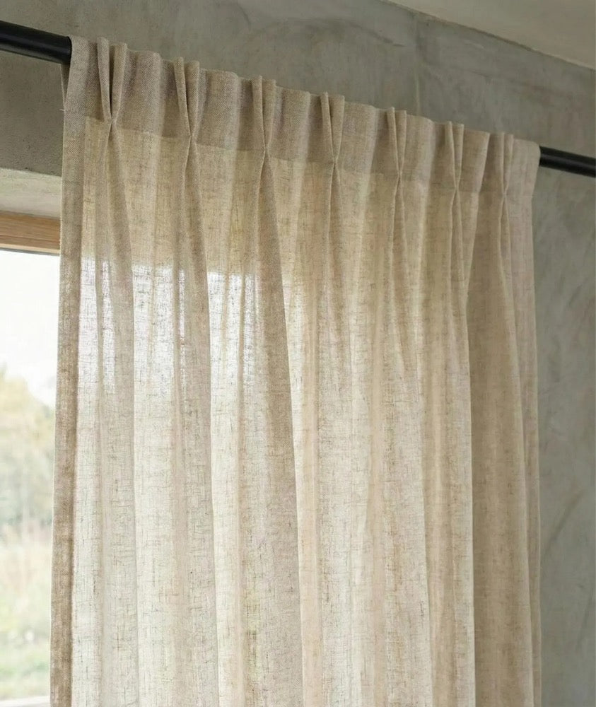 Linen Look Double Pinch Pleated Natural Cotton Sheer Curtains for Bedroom Living room, Custom Size Extra Long Drapery, Cafe Curtain Sheer