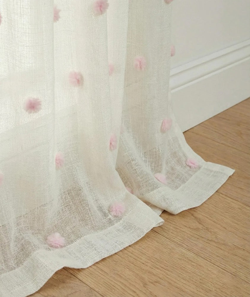 Pink Pompom Sheer Kid Bed Canopy, Linen Look Boho Nursery Bed Drapery