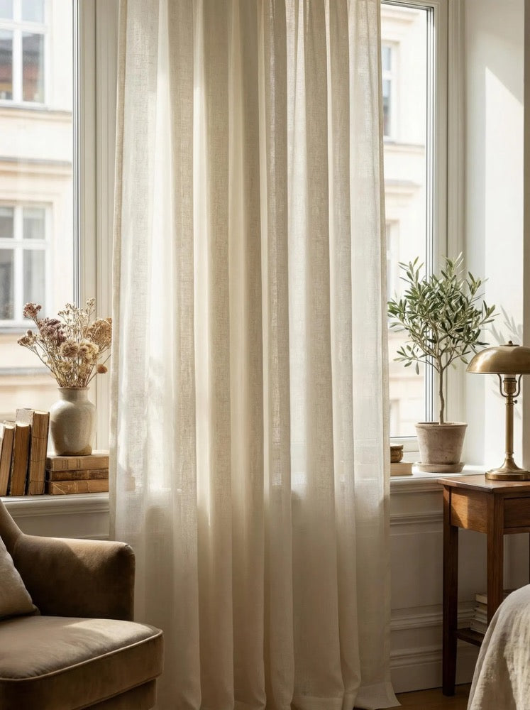 Linen Look Cotton Sheer Curtains, Natural Light Filtering Window Panels, Custom Drapery
